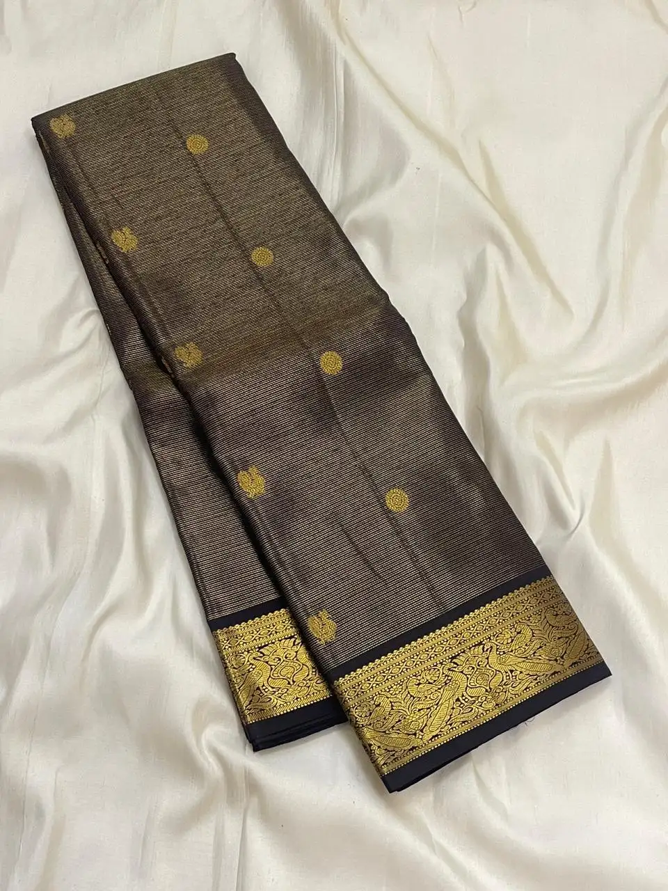 Antique Brown Zari Stripe Pure Kanchipuram Handloom Bridal Silk Saree